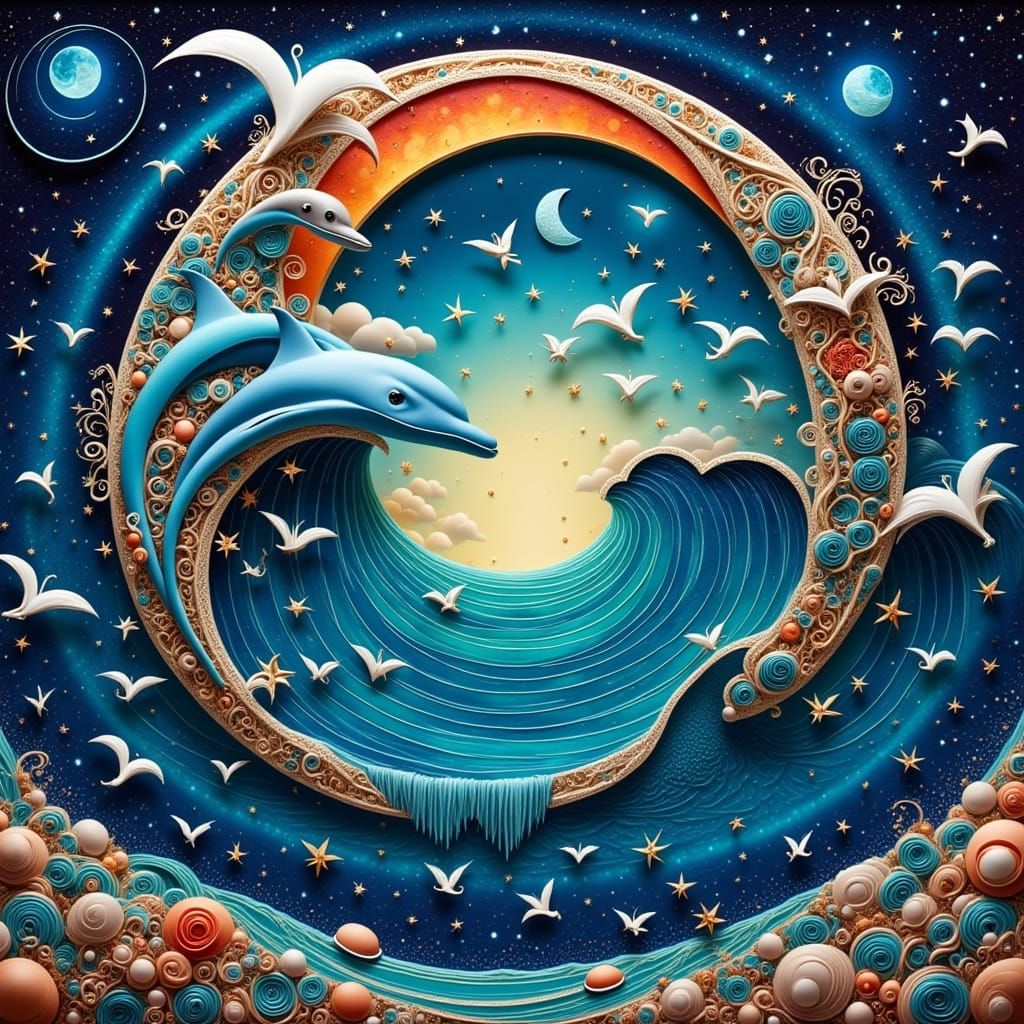Dolphins Forge Celestial Portal in Surreal Dreamscape