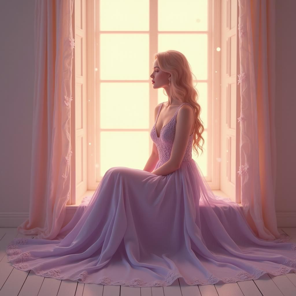 Serene Woman in Lavender Dress by Window, Ethereal Pastel Ar...