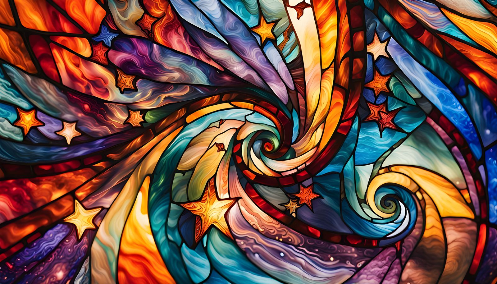 Stained Glass Art of Swirling Stars and Vortex