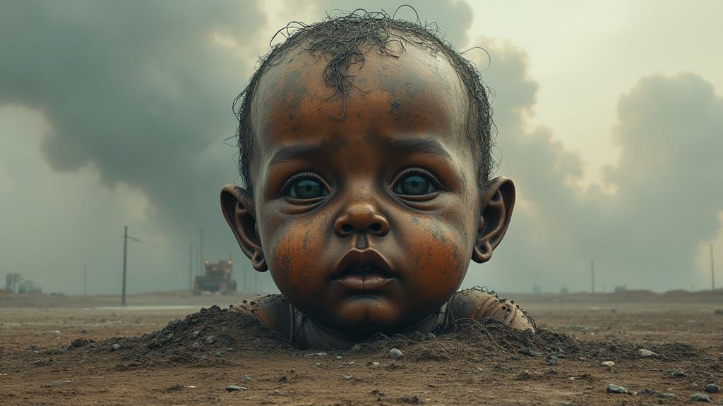 Monumental Rusted Metal Baby Sculpture in Industrial Landsca...