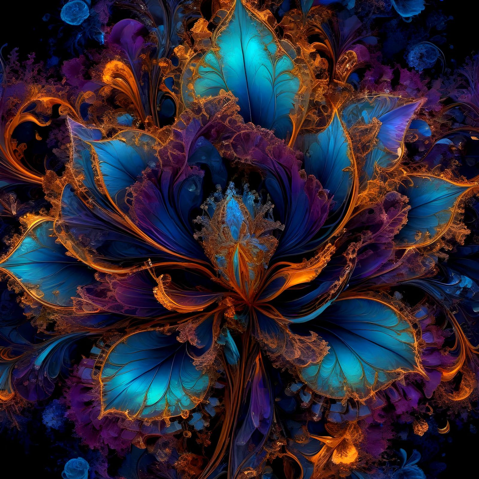 Majestic, Iridescent Fractal Flower in Cyberpunk Hues