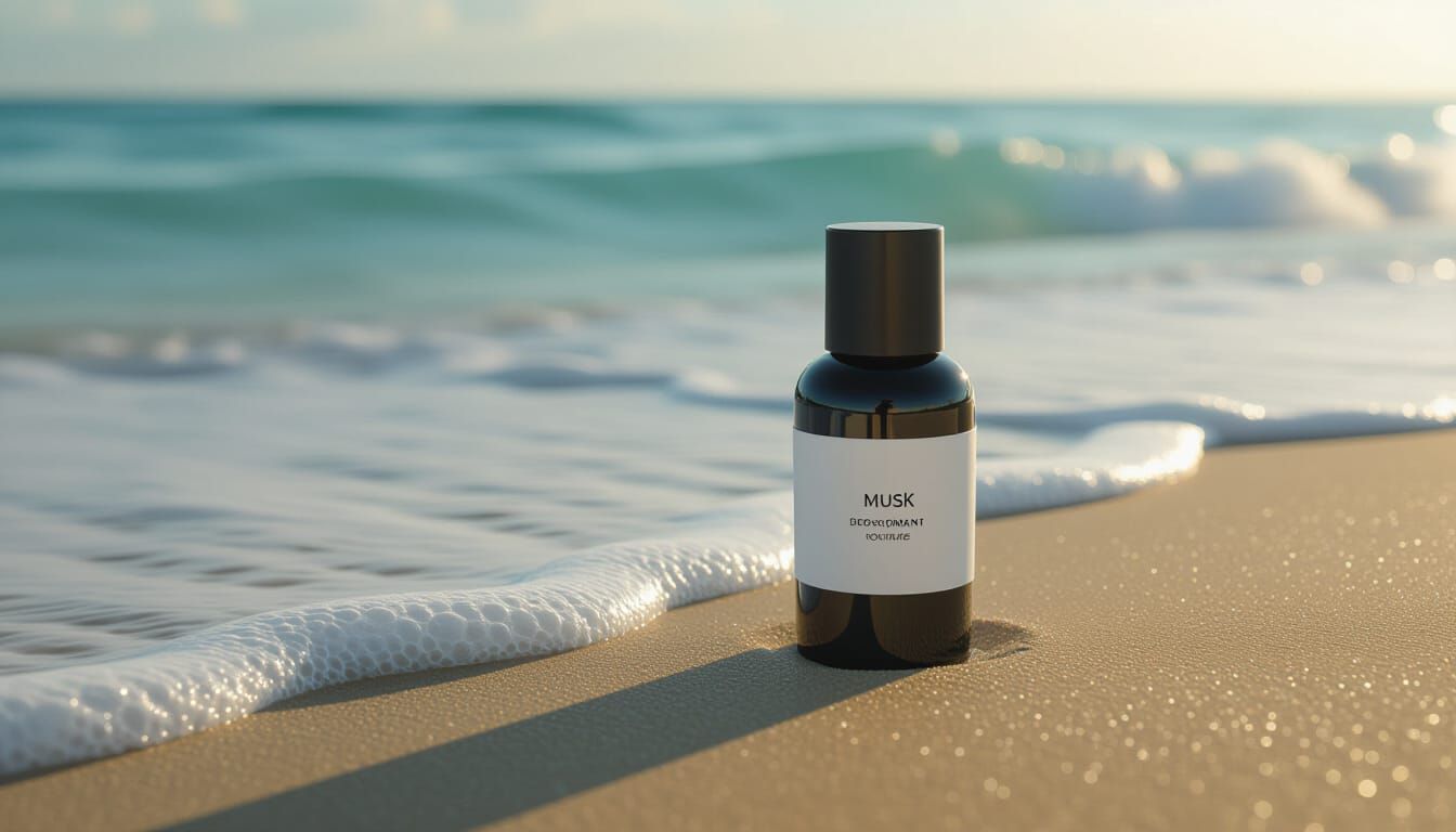 Musk Deodorant Bottle on Sun-Kissed Shore