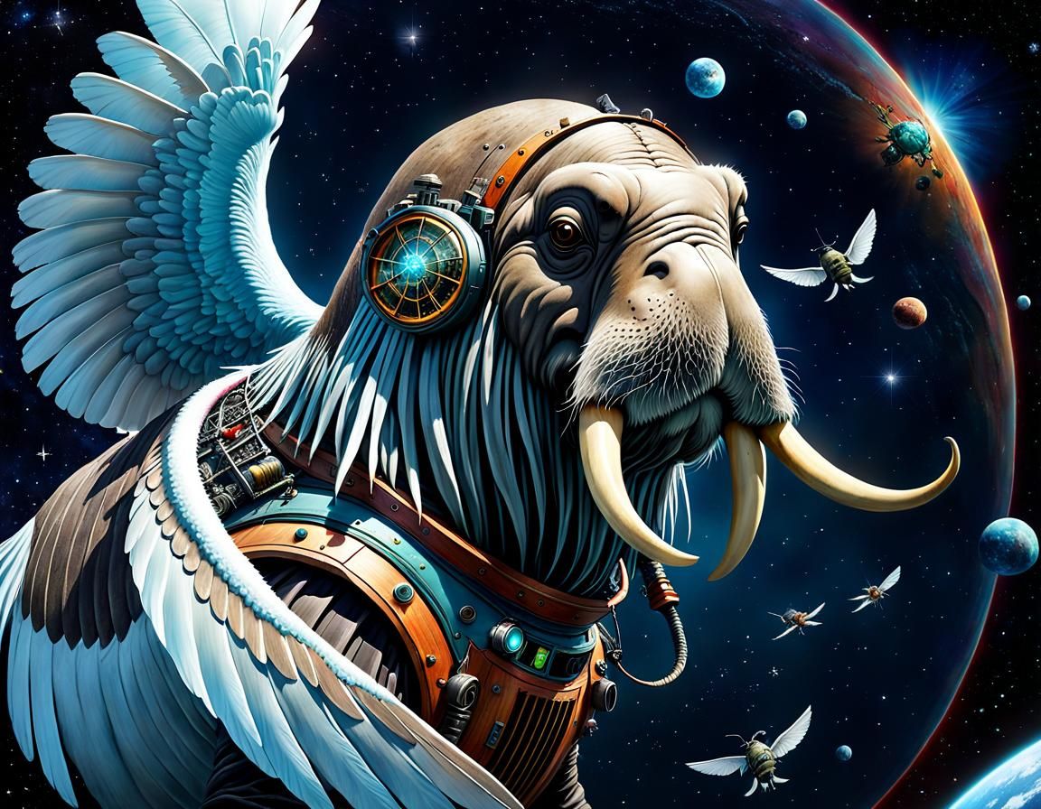 Winged Walrus Soaring in Surreal Space Fantasy