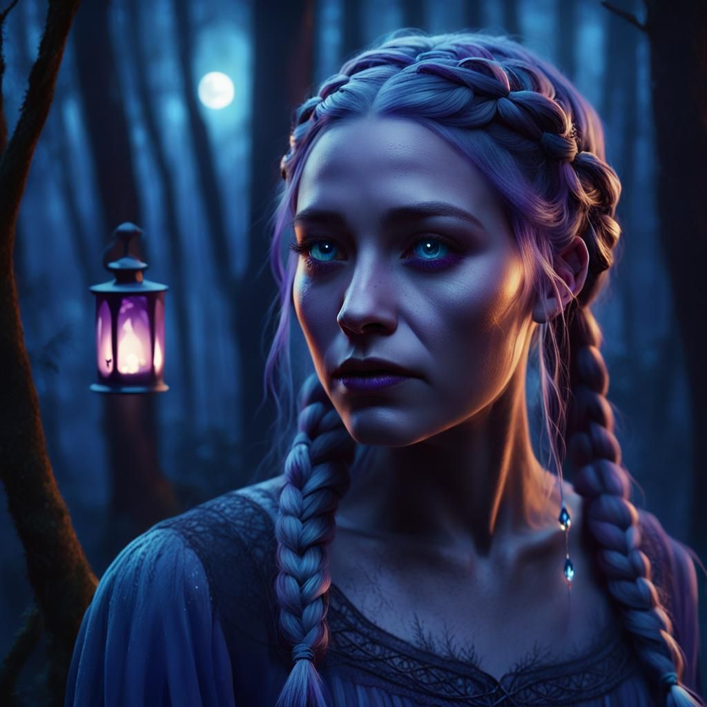 Norwegian Girl Witch in Misty Moonlit Forest