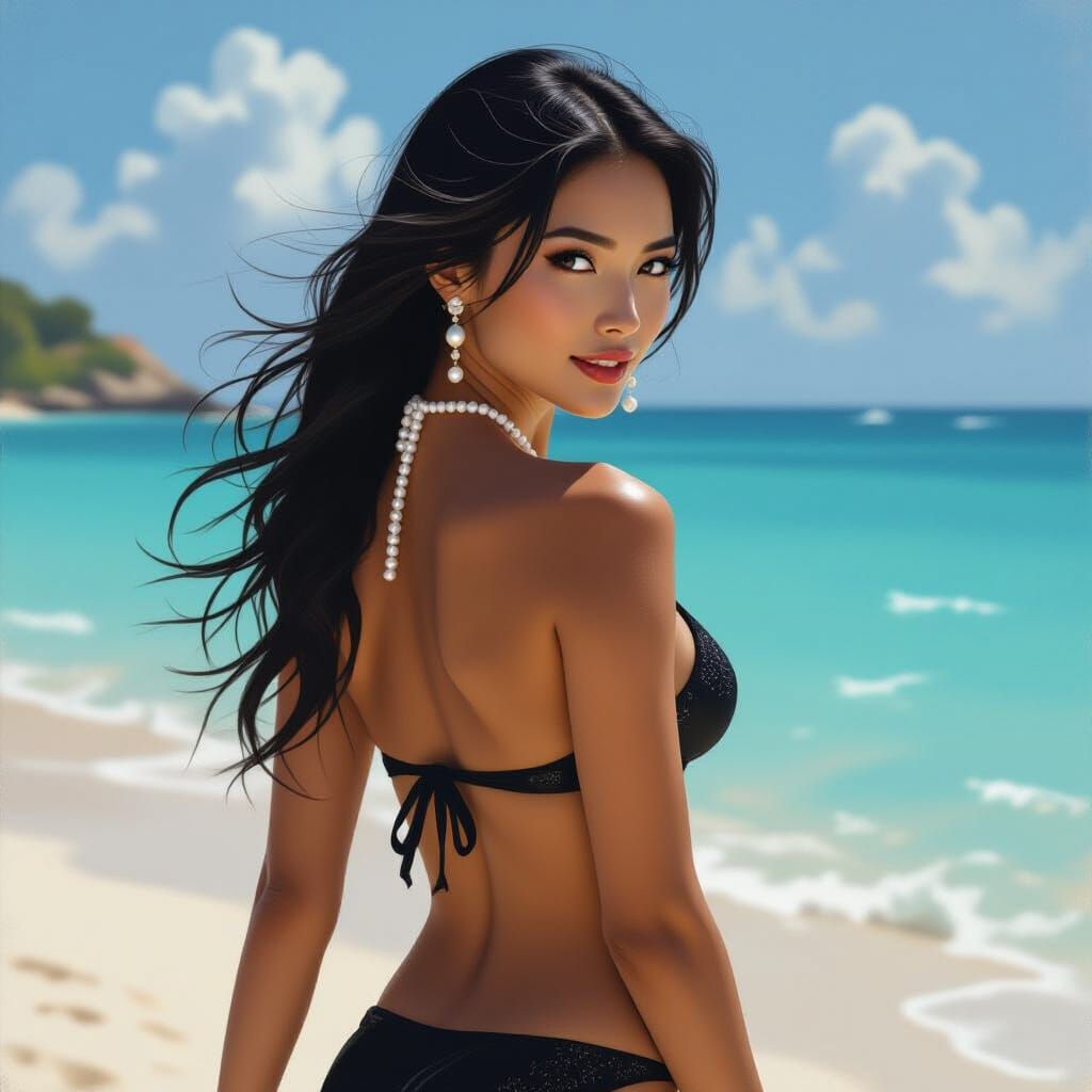 Enticing Woman on Mediterranean Beach, Dramatic Lighting