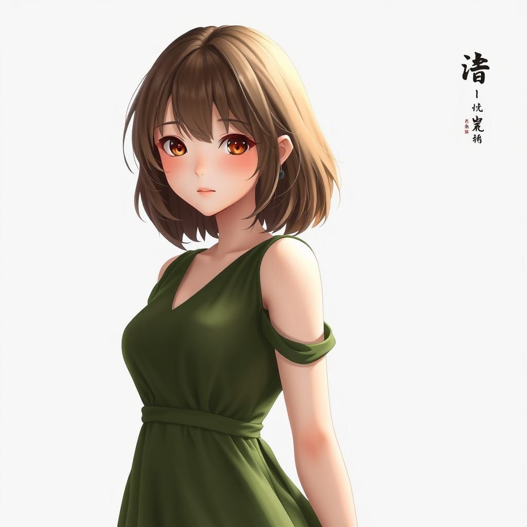 Majestic Anime-Inspired Woman in Olive Green Dress