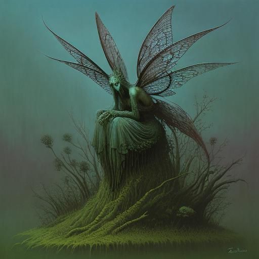 Surreal Fairy in Dark Dystopian Landscape