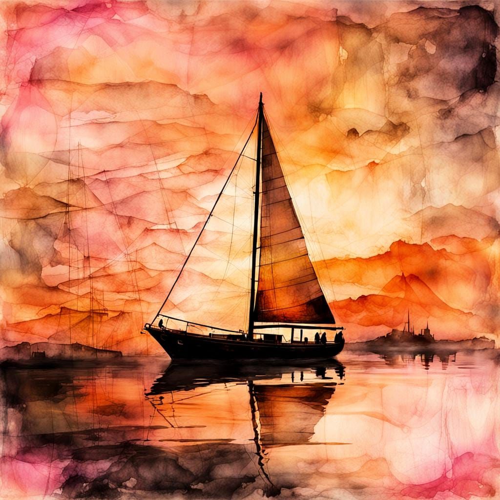 Sailboat at Sunset: Ink Painting Double Exposure