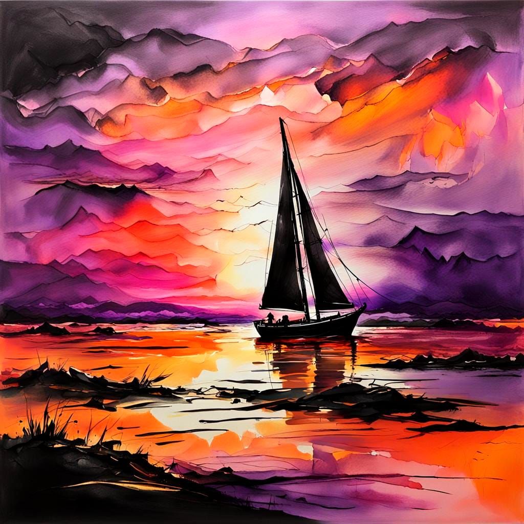 Sunset Sailboat in Vintage Ink Painting Style