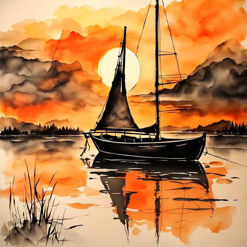 Sailboat Sunset in Vintage Ink Painting Style