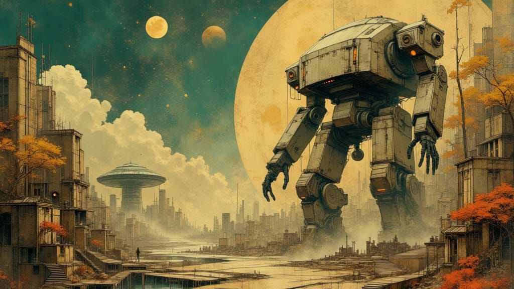 Gigantic Robots Destroy Alien City Under Twin Moons