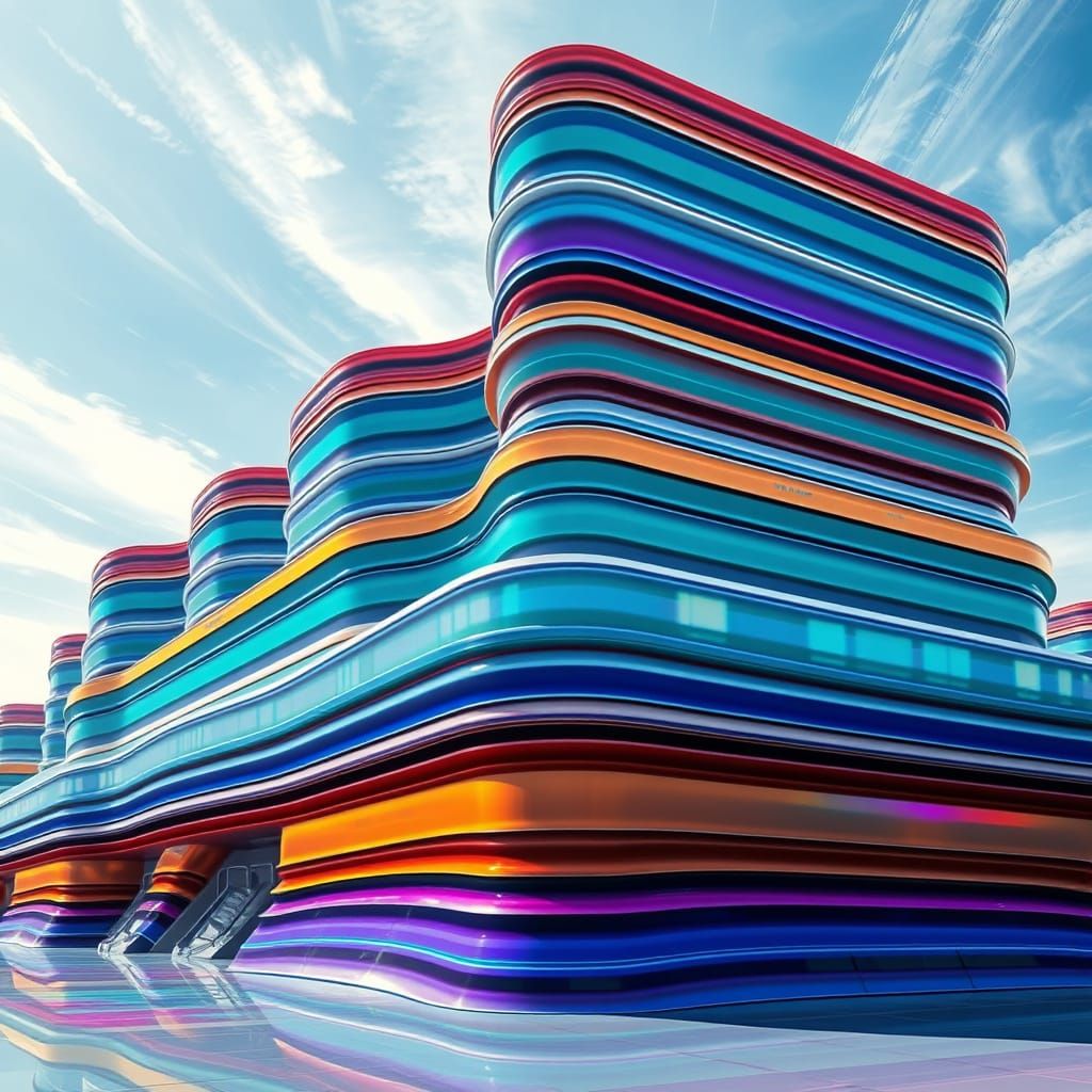 Vibrant Cityscape with Layered Stripes in Opal Glass Aesthet...