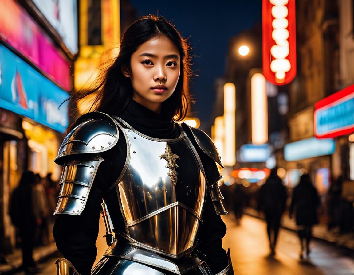 Indonesian Knight in Future City: Photorealistic Image