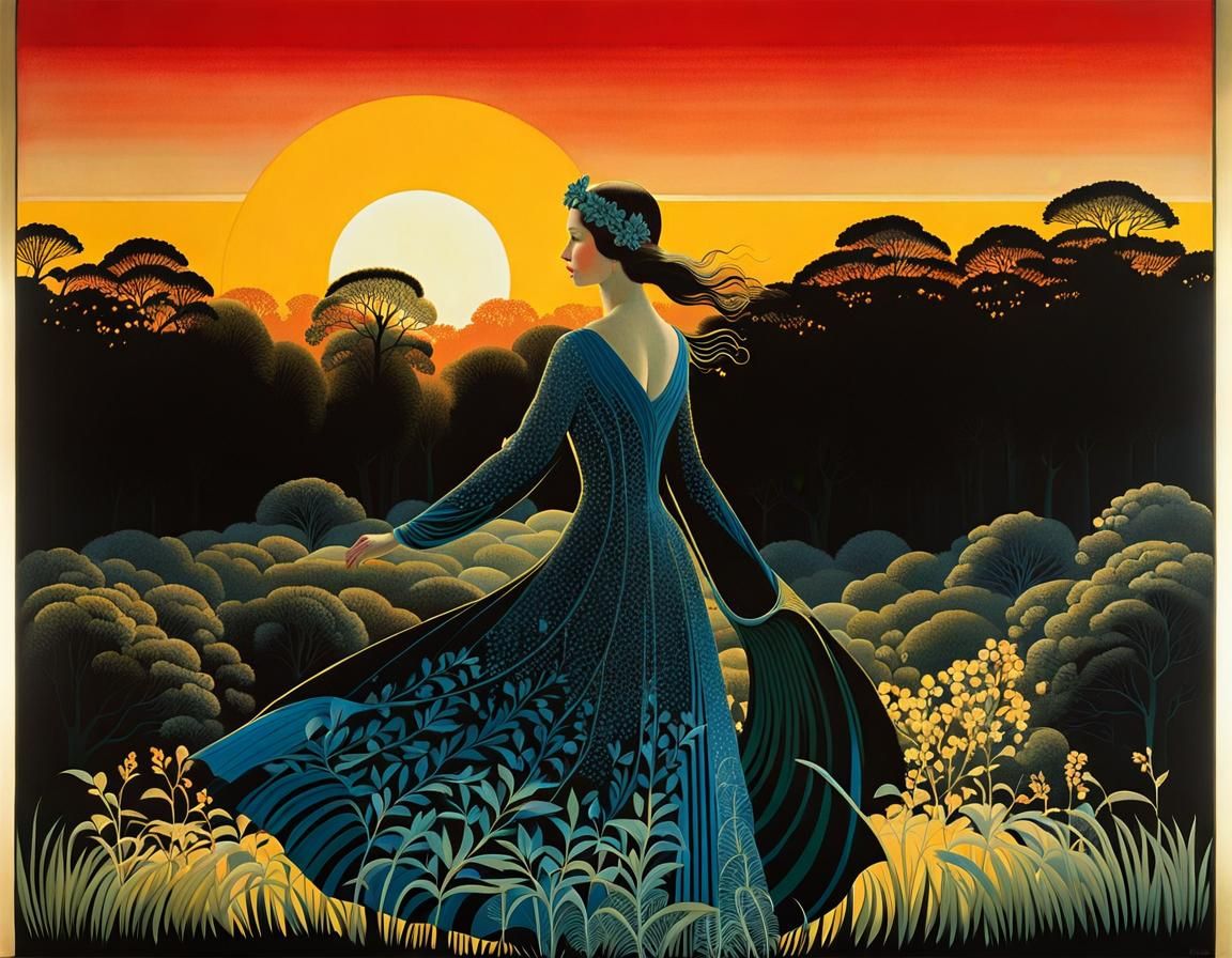 Sunrise Woman in Vintage Gouache Style