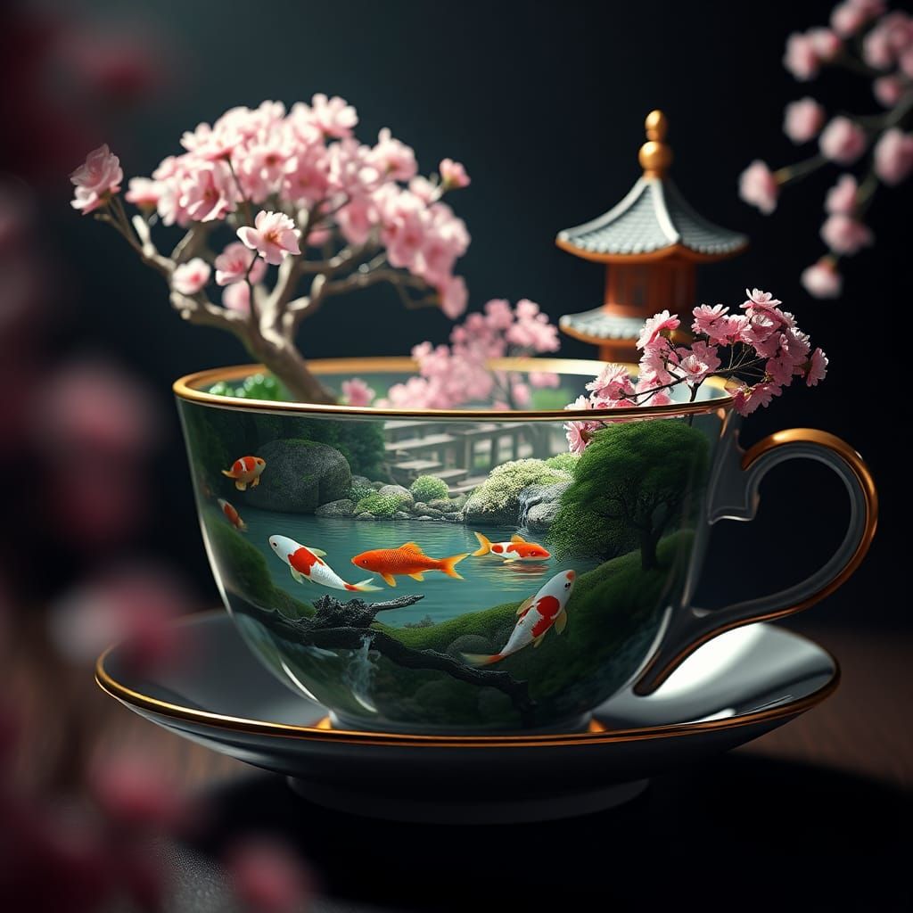Japanese Garden Teacup: Detailed Matte Painting in 8k