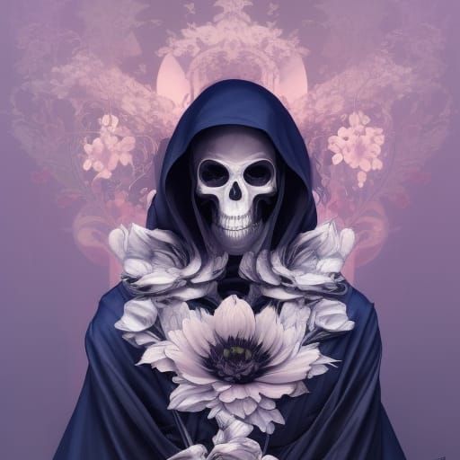 Grim Reaper Portrait with Flowers in Art Nouveau Style