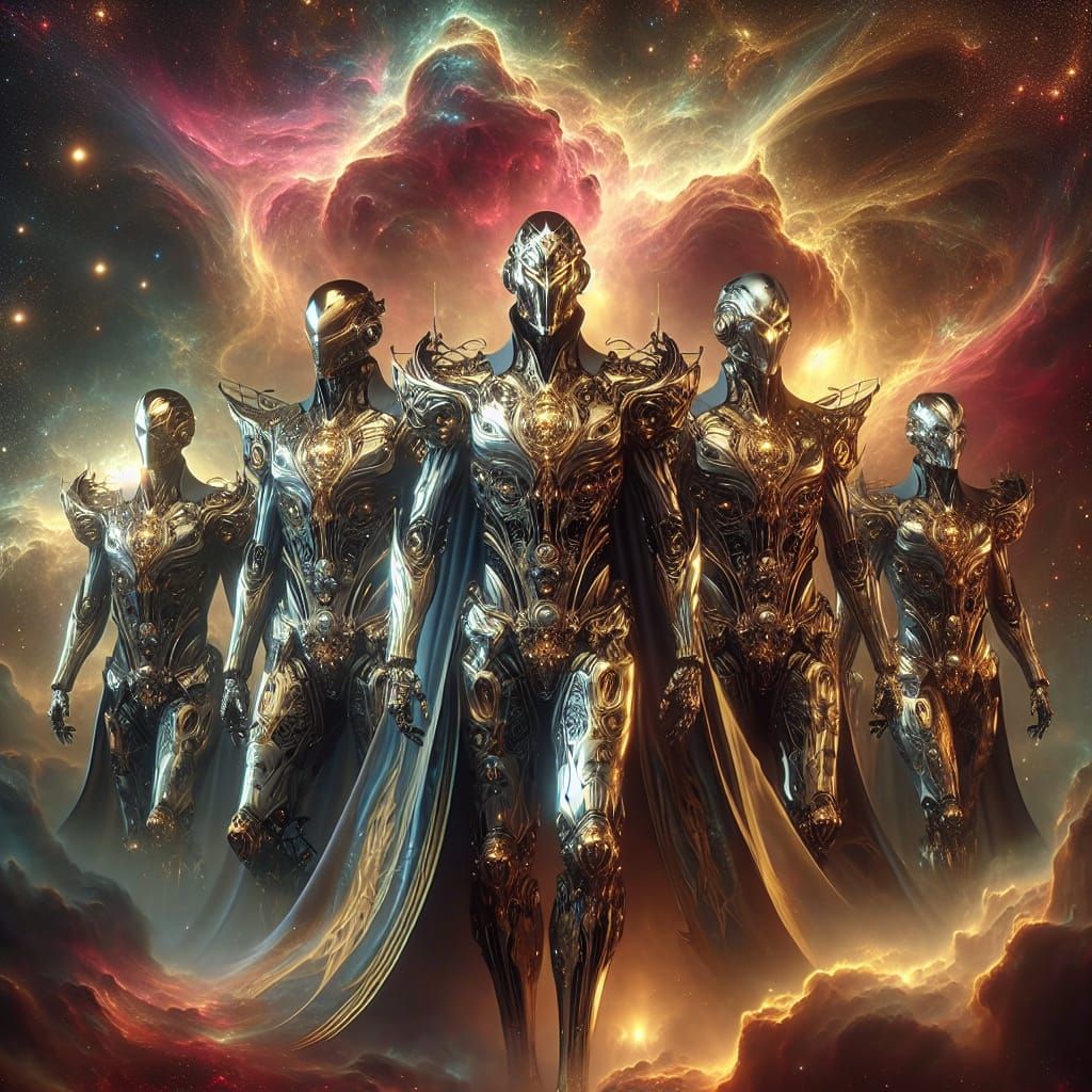 Heroic Cyborgs Against Exploding Nebula in Gothic Armor