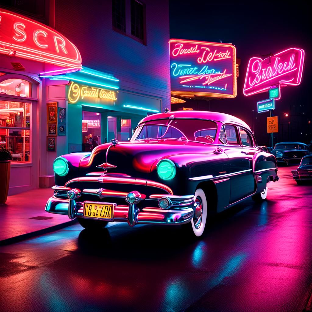 1950s Car Bathed in Neon Lights
