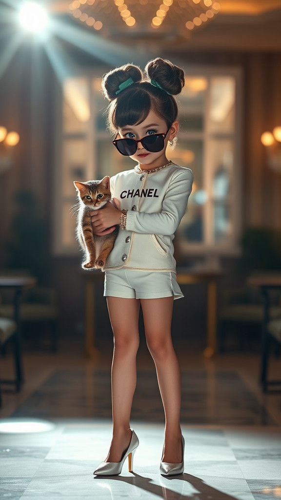 Stylish Girl in Chanel Fashion Holding a Cat