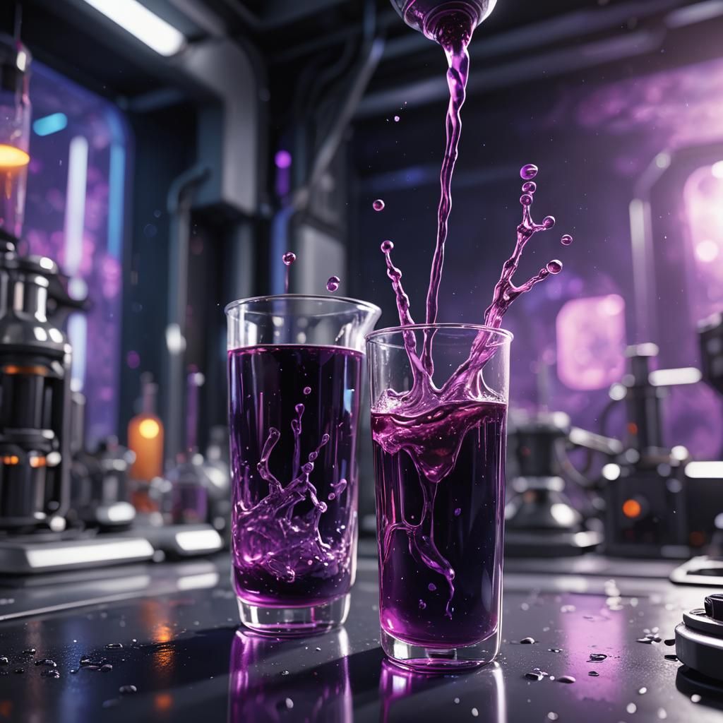 Futuristic Laboratory: Purple Liquid Pouring, 3D Render