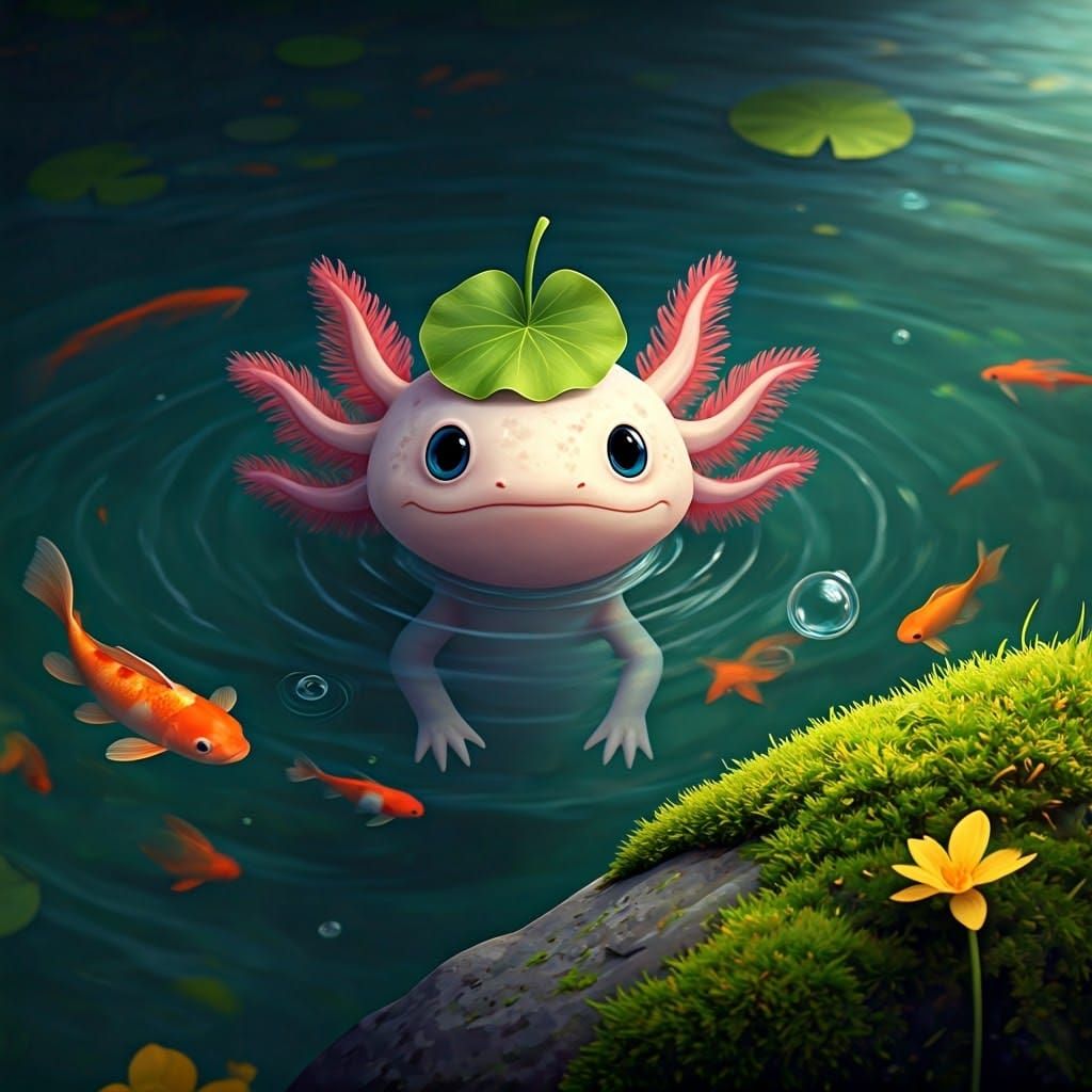 Whimsical Axolotl in Enchanted Lake Setting