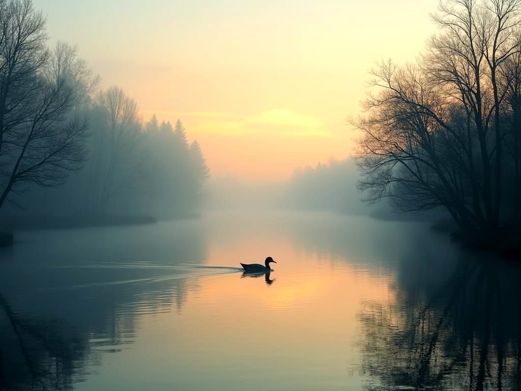 Serene River Landscape at Dawn in Pastel Hues
