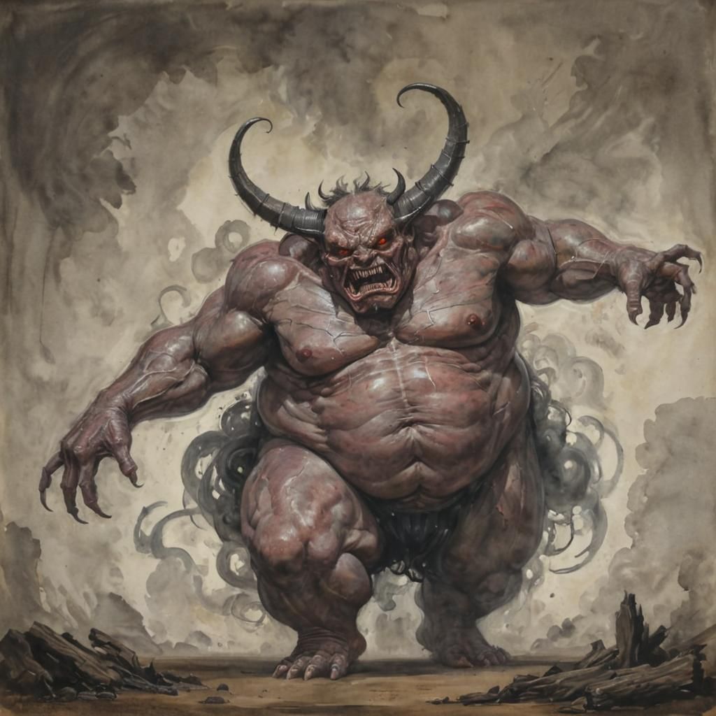 Bloated Demon: Hyperdetailed Charcoal Drawing in Gouache Sty...