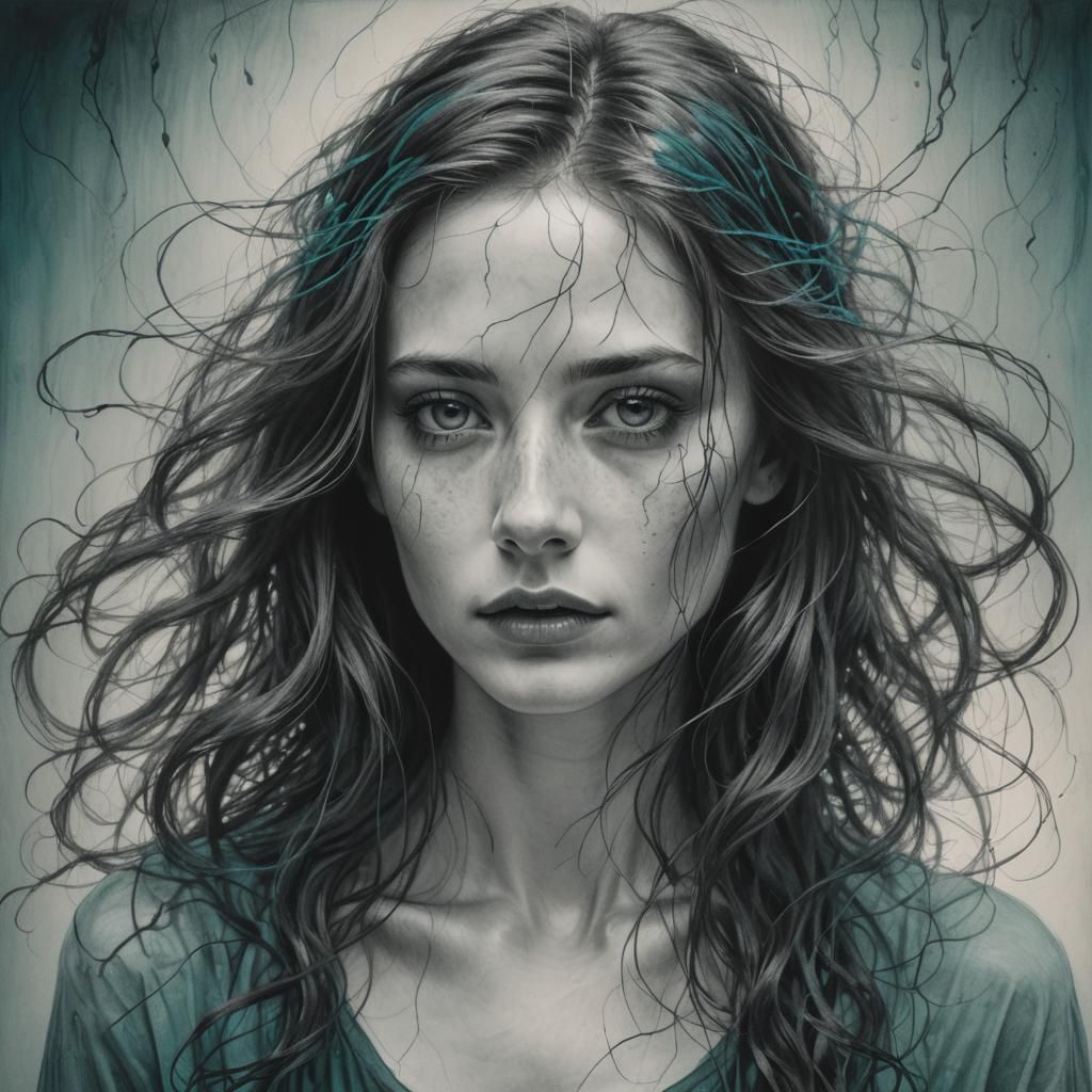 Mysterious Woman with Glowing Eyes in Charcoal Drawing