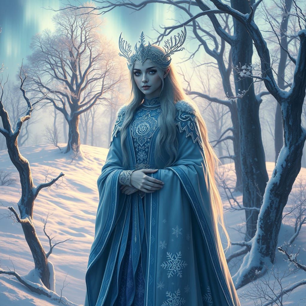 Winter Fae in Icy Regalia against Frosty Forest Landscape
