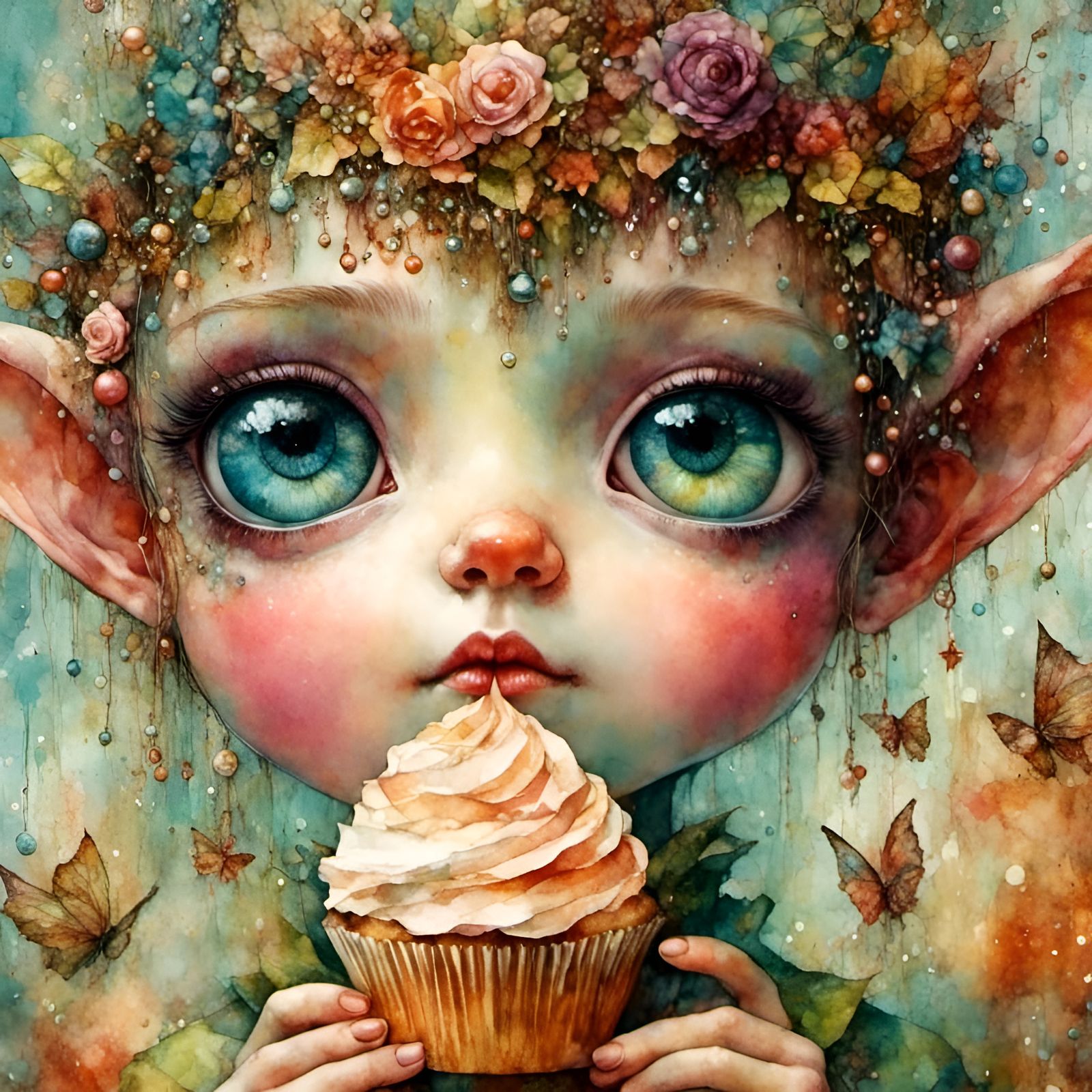 Whimsical Elf Portrait with Cupcake