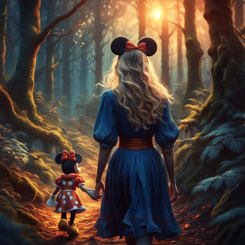 Woman and Minnie Mouse in Mystical Forest