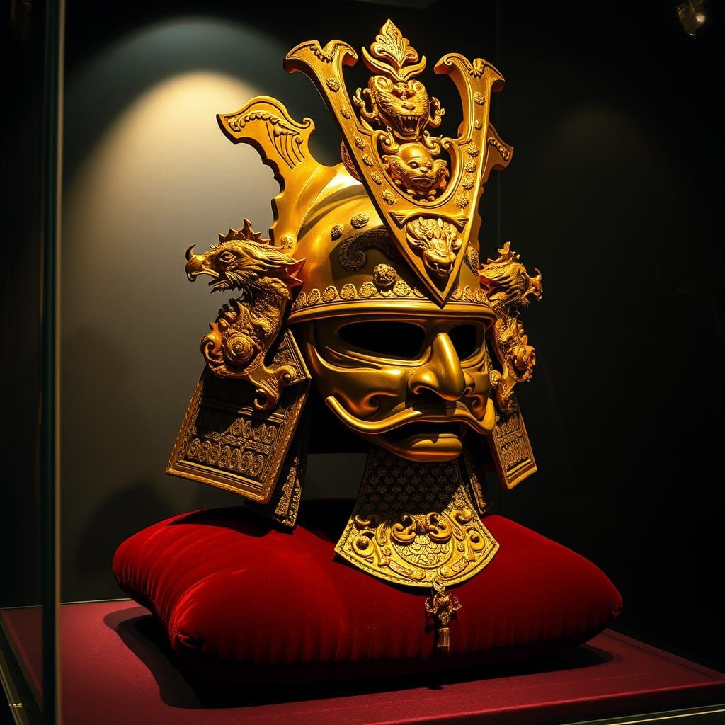 Golden Samurai Helmet in Museum Display