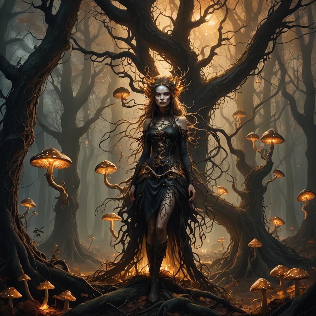 Eerie Autumn Fae in a Misty Forest