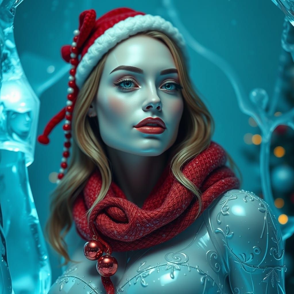 Hyperrealistic Christmas Goddess with Ice Sculpture and Late...
