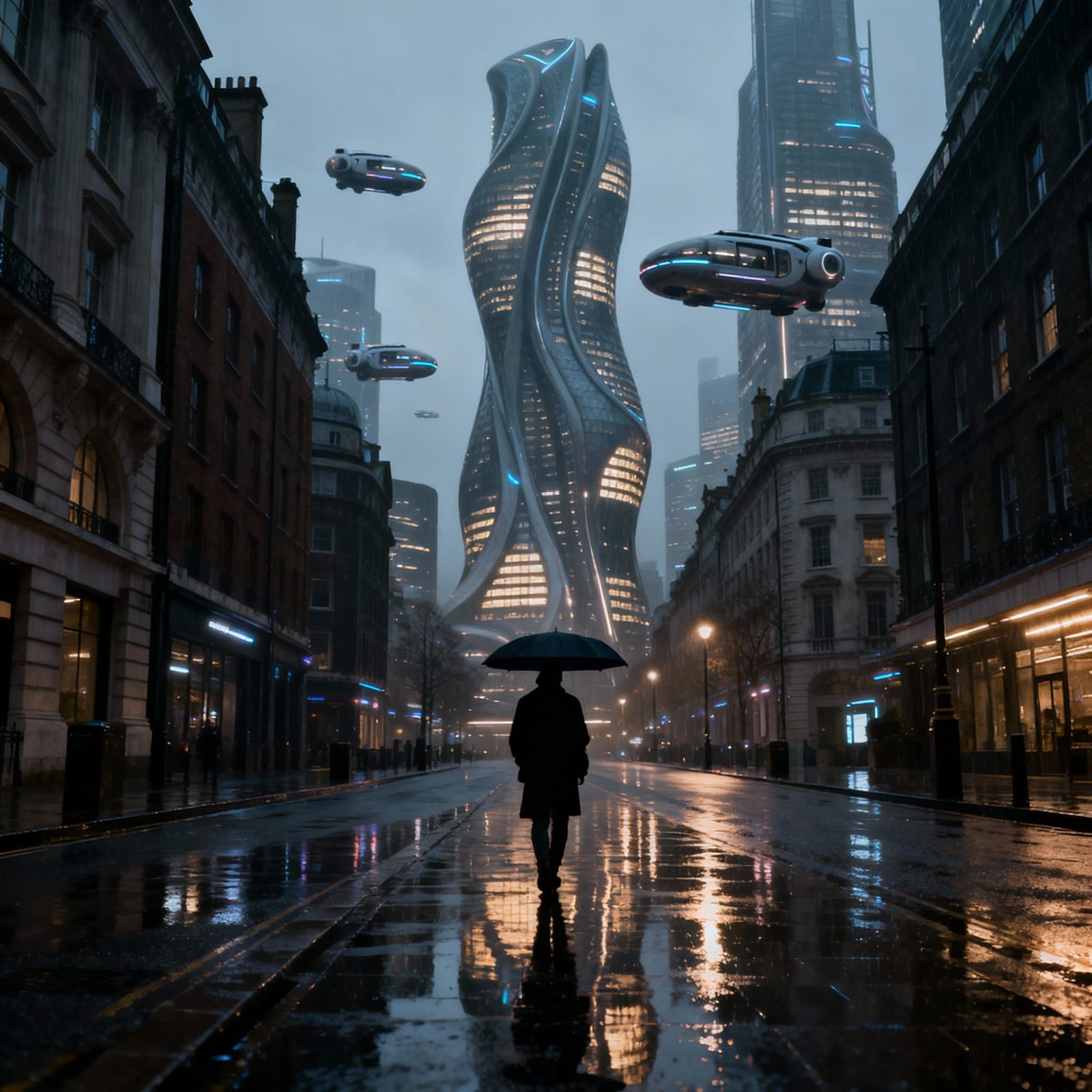 Cinematic London 2100: Futuristic Cityscape in the Rain