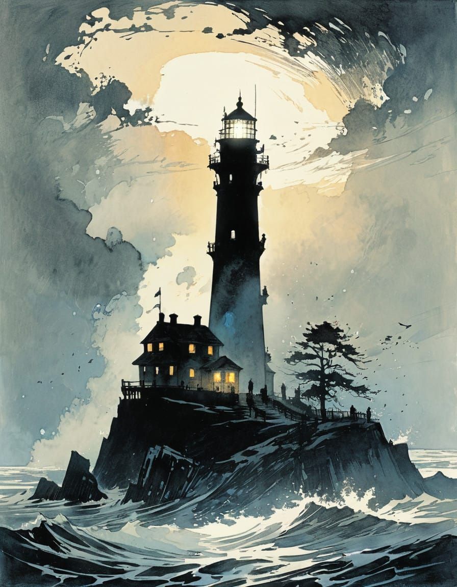 Lighthouse Silhouette in Mystical Fog