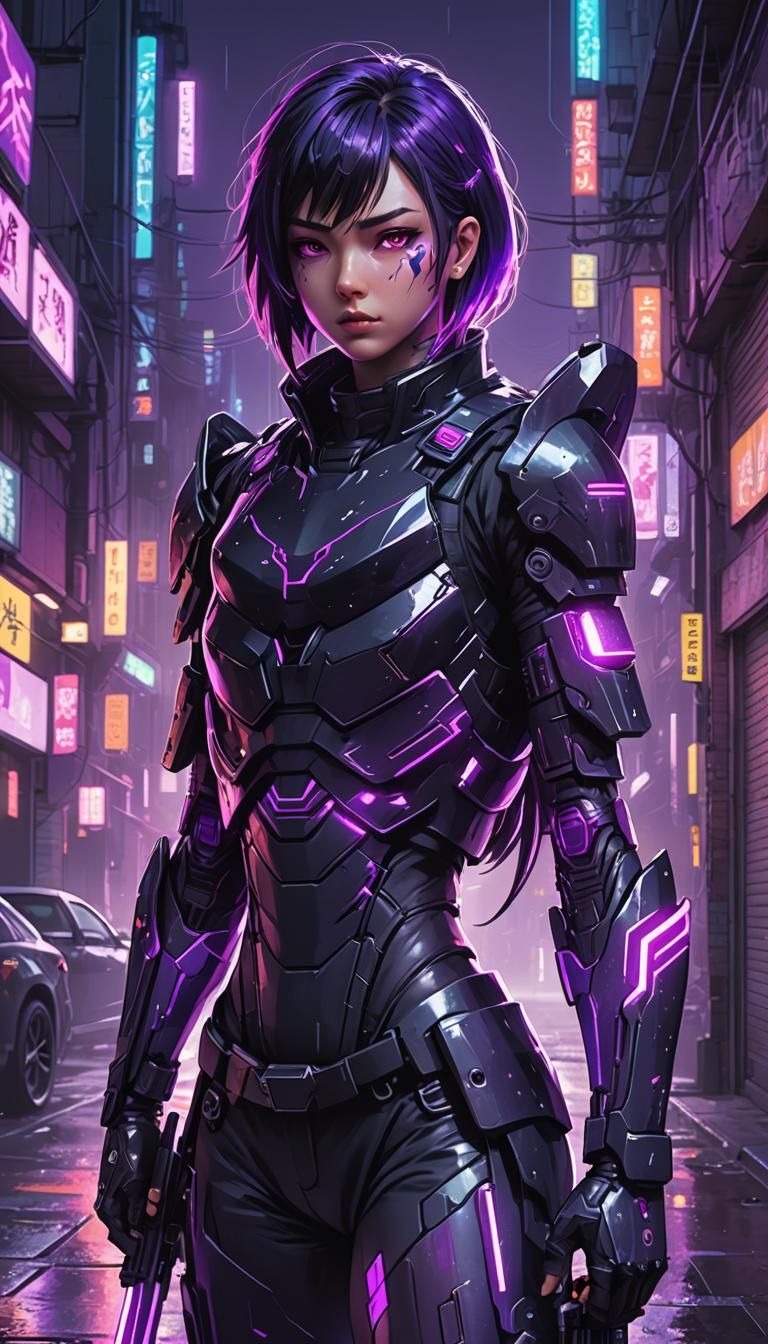 Cyberpunk Warrior in Neon Alleyway: Anime Style