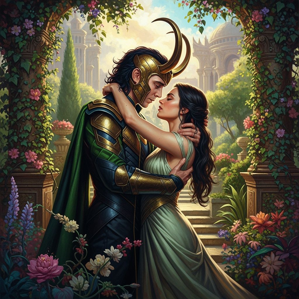 Loki Embraces Woman in Lush Asgardian Garden Oil Painting