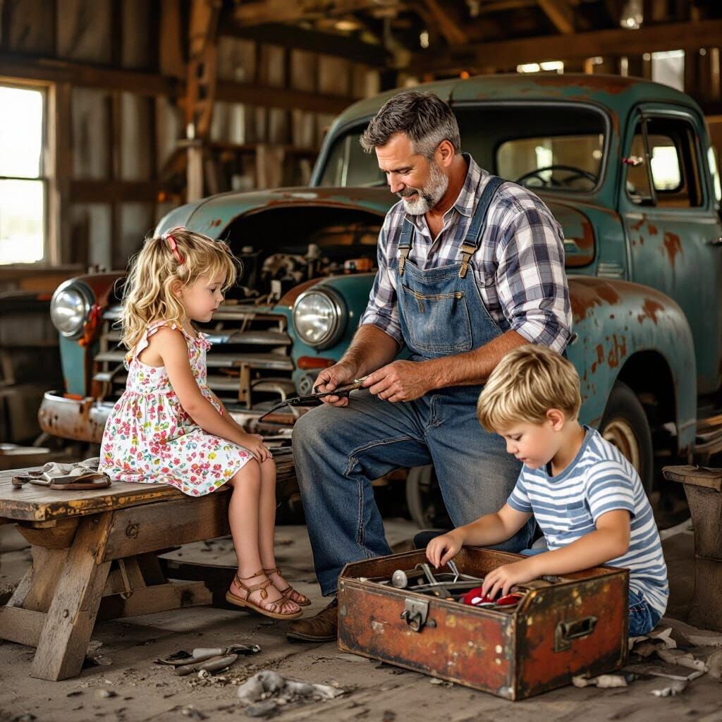 Father and Children in Barn, Inspired by Folk Art