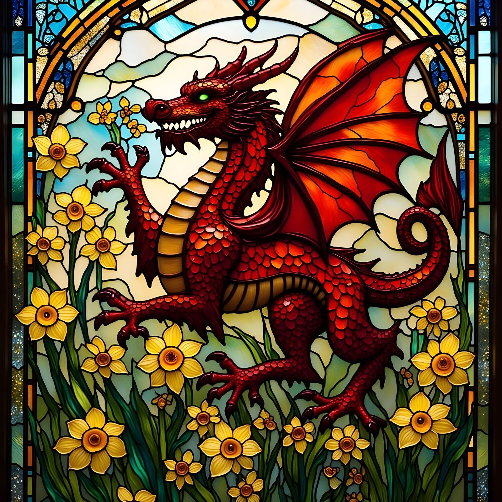 Stunning Red Welsh Dragon in a Vibrant Floral Setting