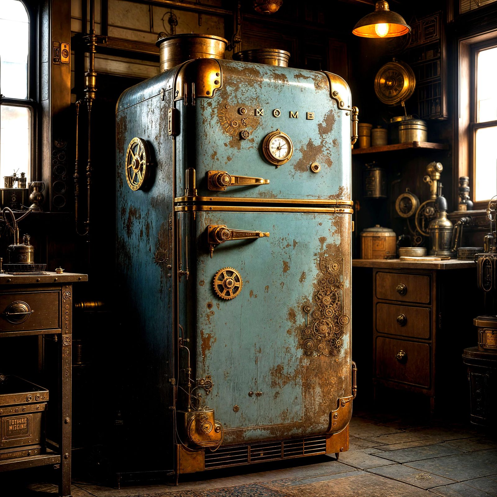 Steampunk Refrigerator in Nostalgic Workshop