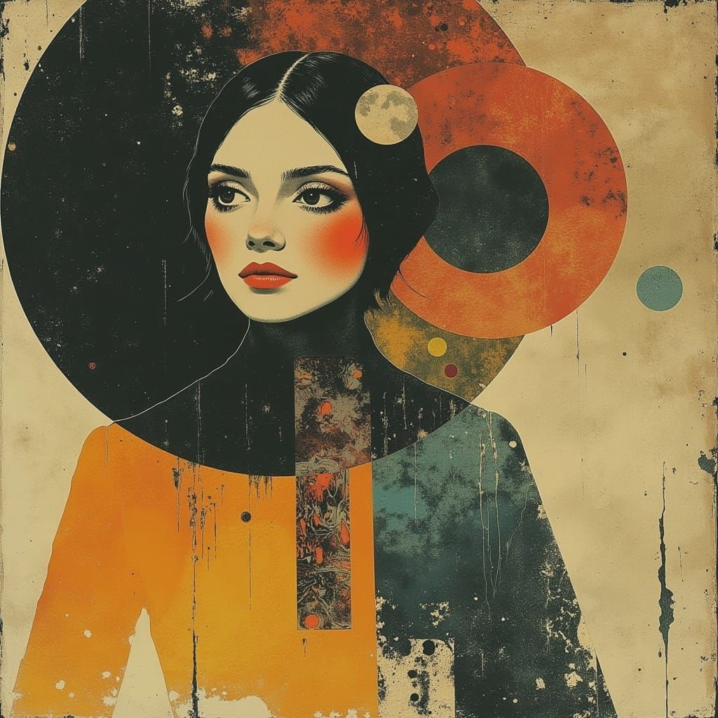 Vibrant Psychedelic Portrait of a Hippie Woman in a Kaleidos...