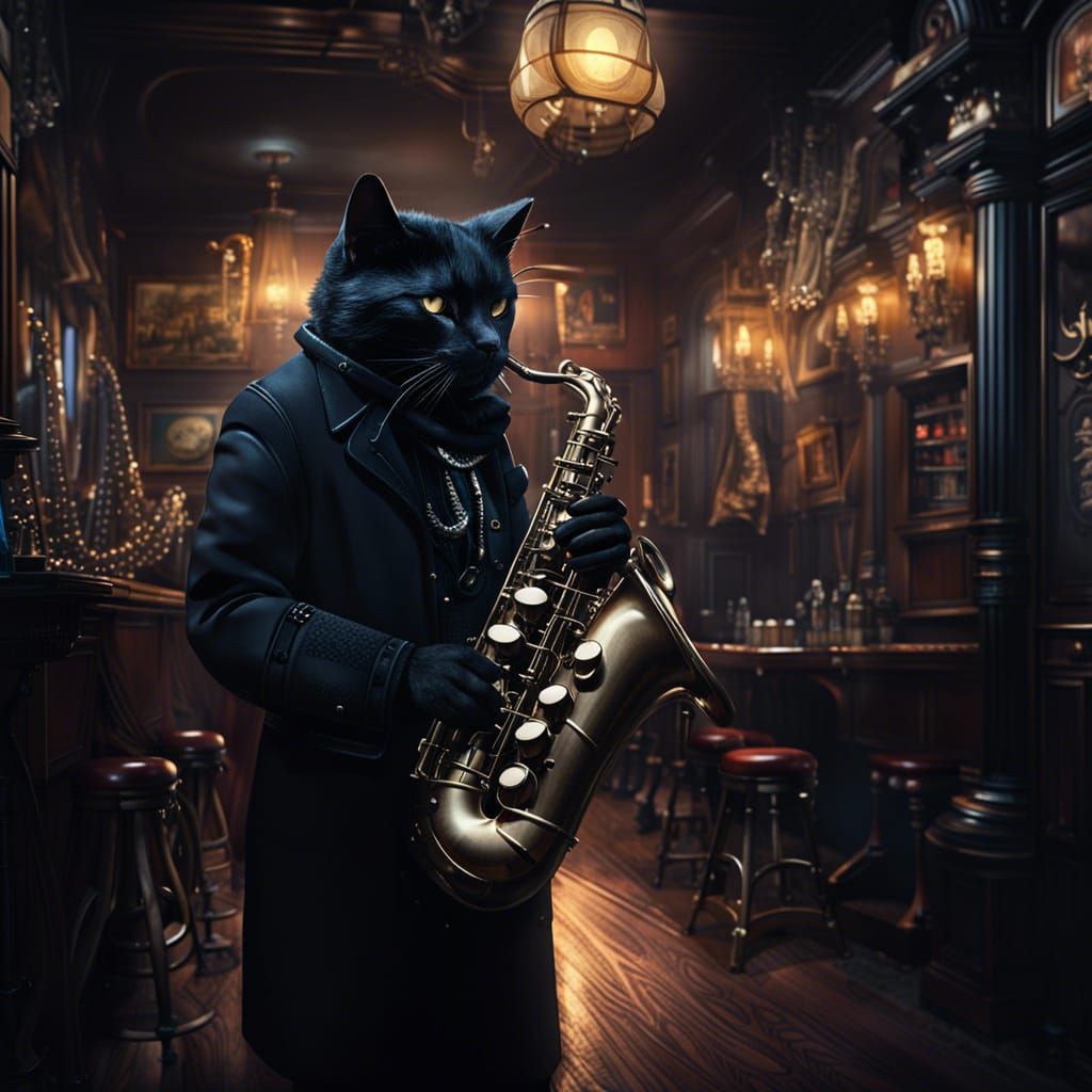 Cat playing the saxophone in a pub