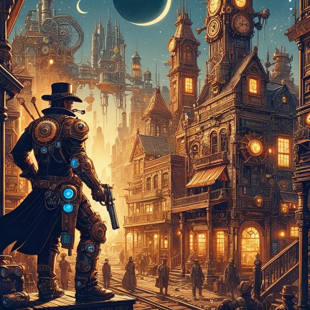 Steampunk Cowboy City in Western Movie Style