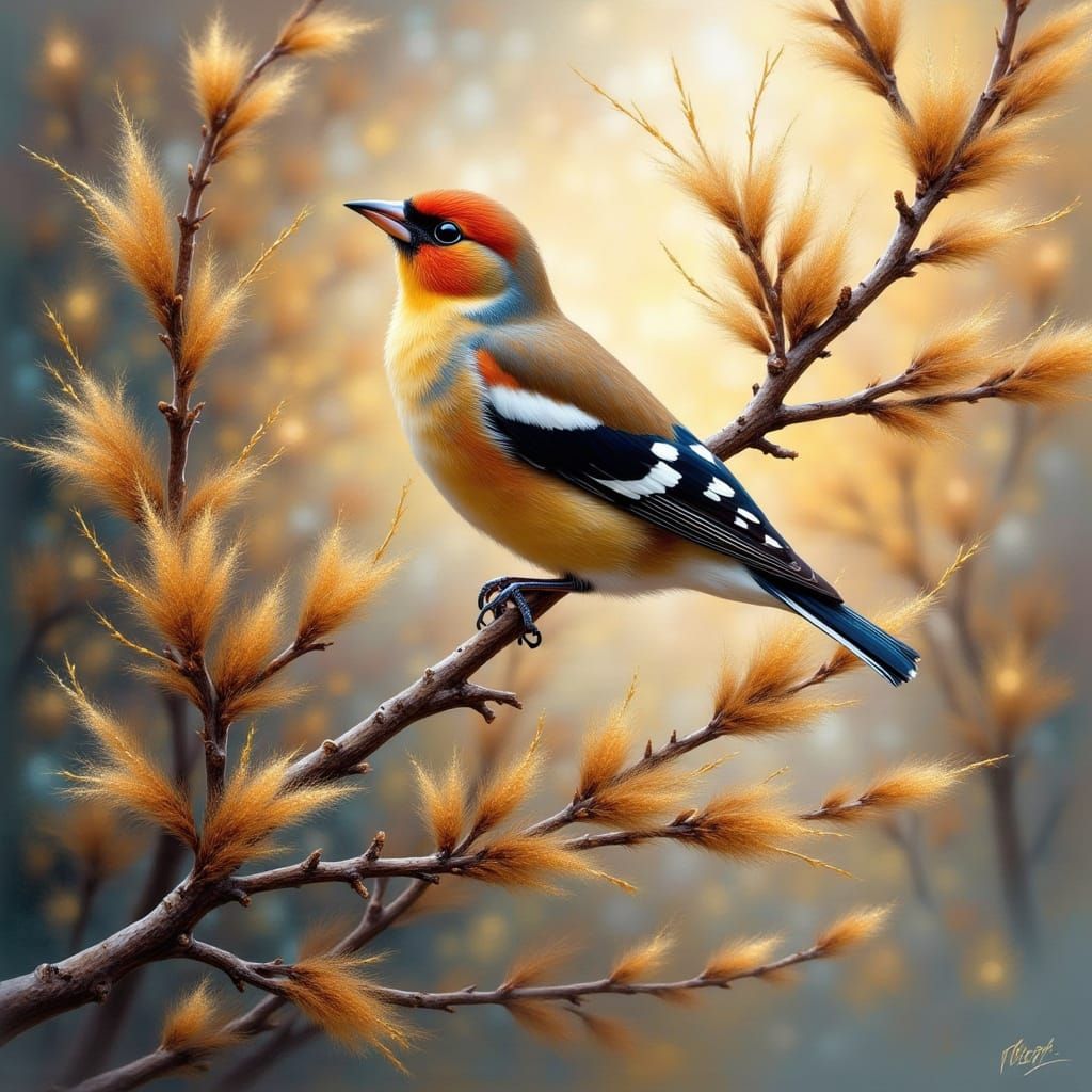 <lora:Shimmer and Glitter:1.0> gold finch on a blooming waln...