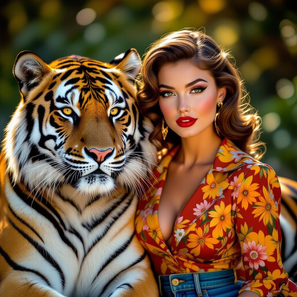Retro Pin-Up Girl Poses With Majestic Tiger in Golden Hour L...