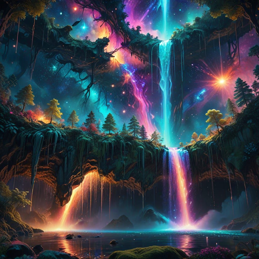 Surreal Upside Down Landscape with Astral Waterfall