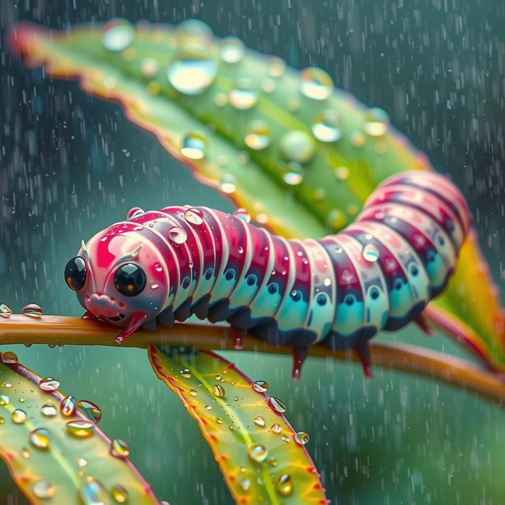 Bioluminescent Inchworm in Rainbow Rain: Watercolor Art