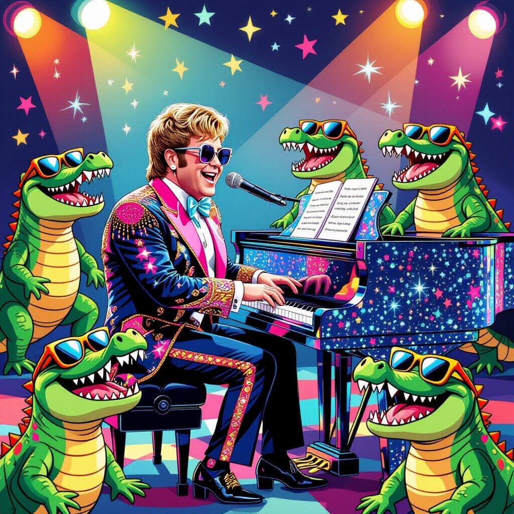 Elton John in Pop Art Style with Crocodiles