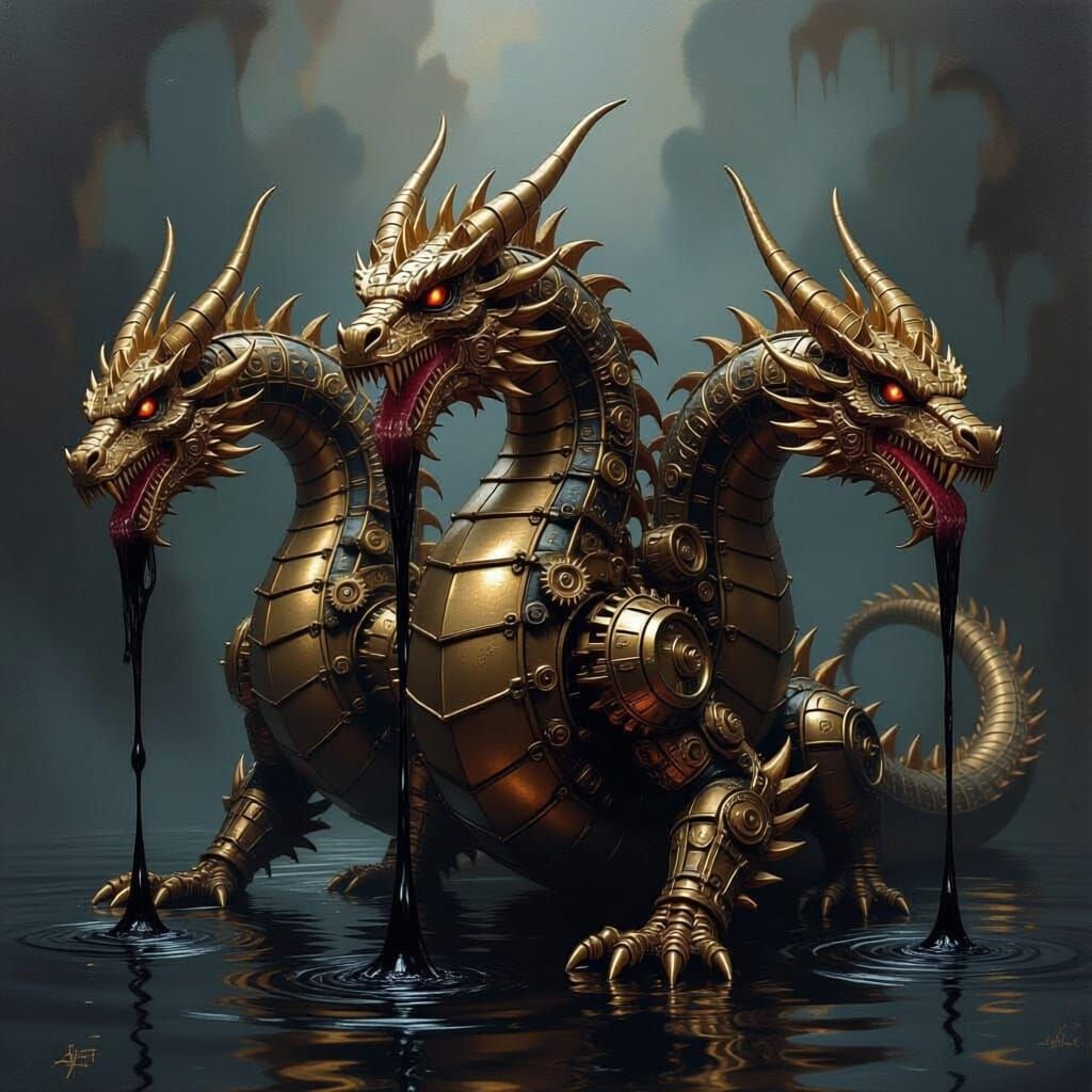 Clockwork Dragon Exhales Oil in Dark Fantasy Style